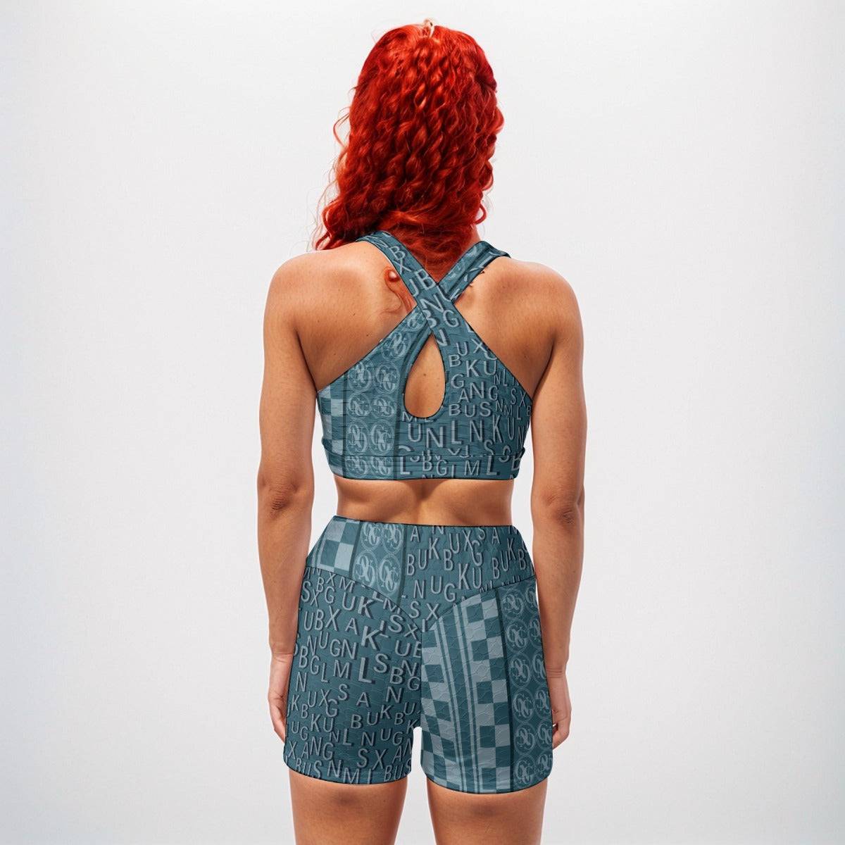 Shorts and Bra Exercising Set Scripted Teal | Matching Sets Women Workout - Weave West