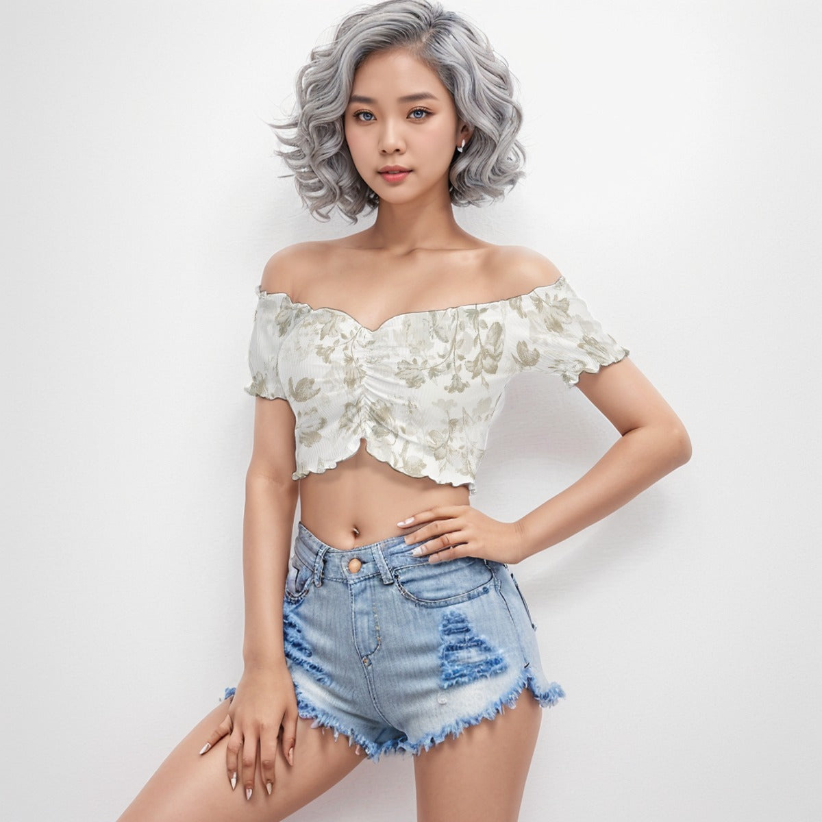 Shoulder Off Short Sleeves Crop Blouse Plant 1 - Weave West