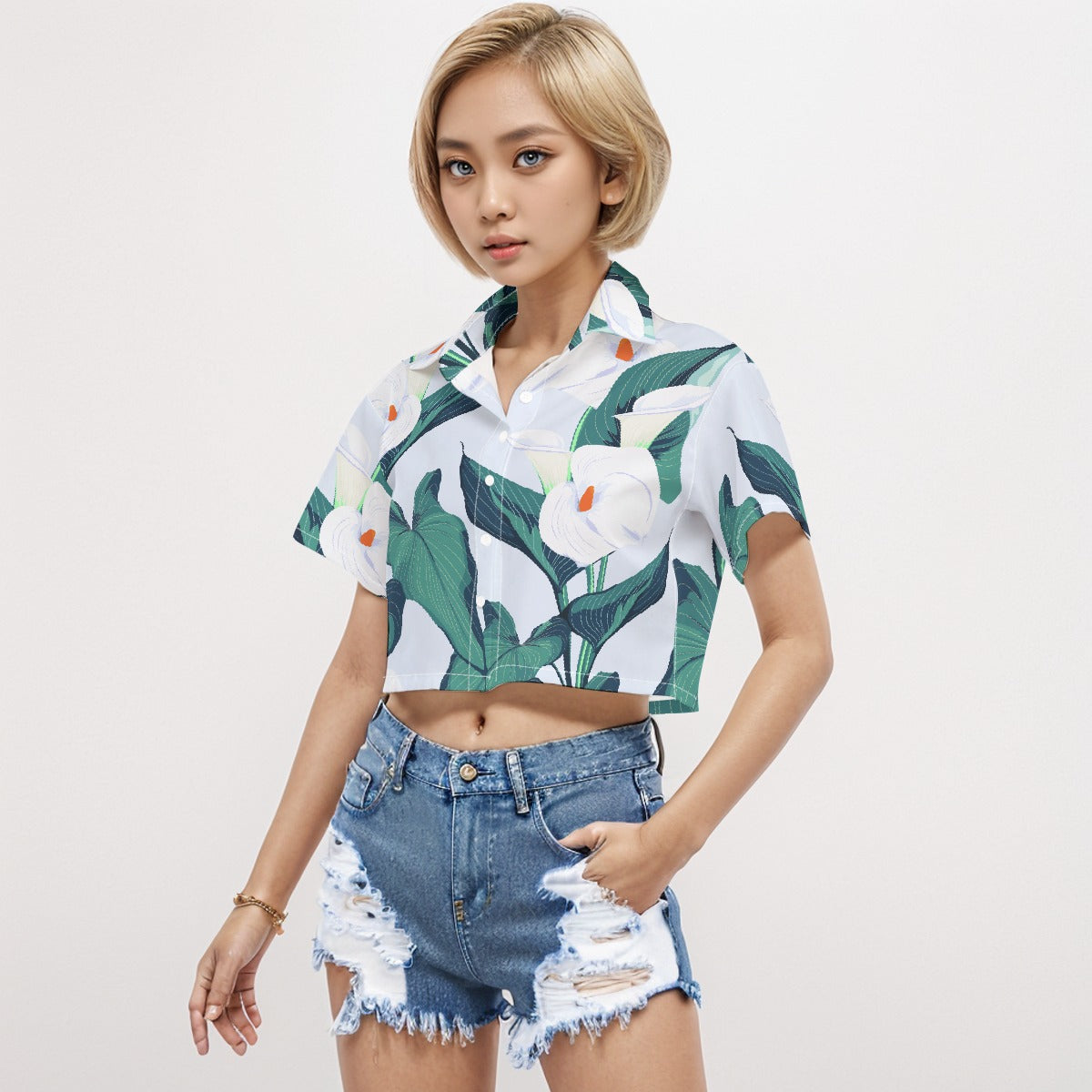 Short Sleeve Crop Shirt Flower 1 - Weave West