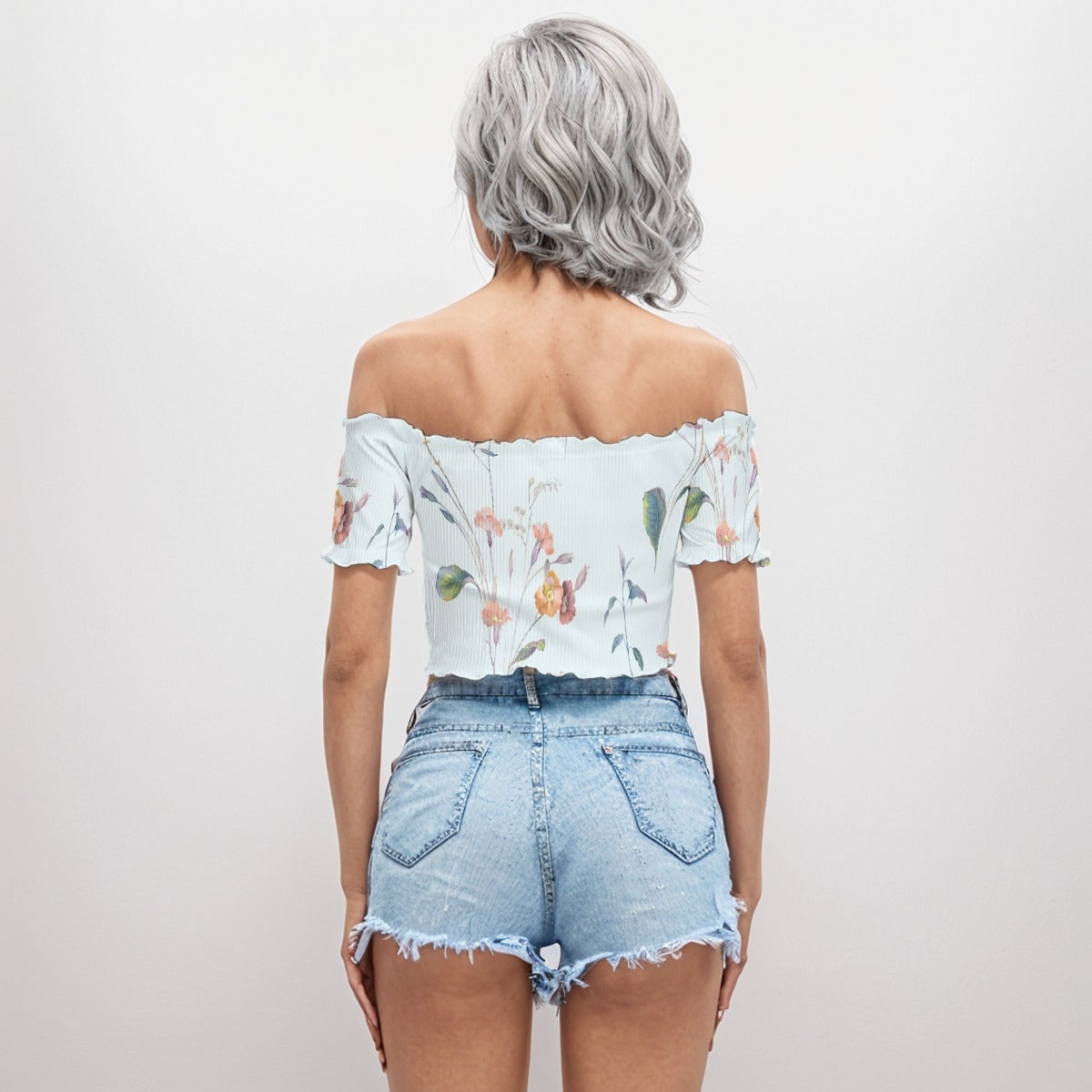 Shoulder Off Short Sleeves Crop Blouse Plant 2 - Weave West