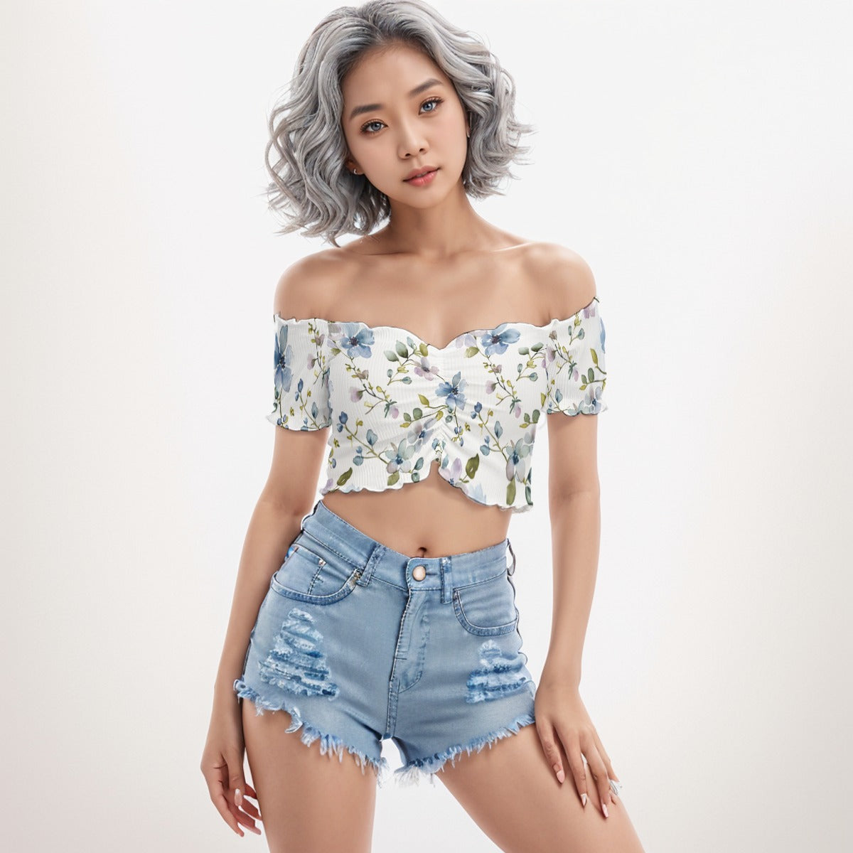 Shoulder Off Short Sleeves Crop Blouse Plant 4 - Weave West