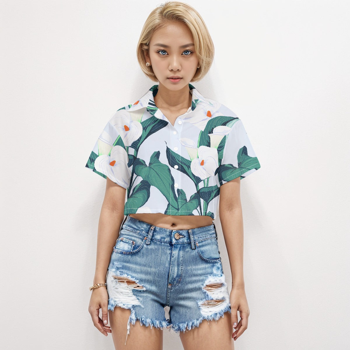 Short Sleeve Crop Shirt Flower 1 - Weave West