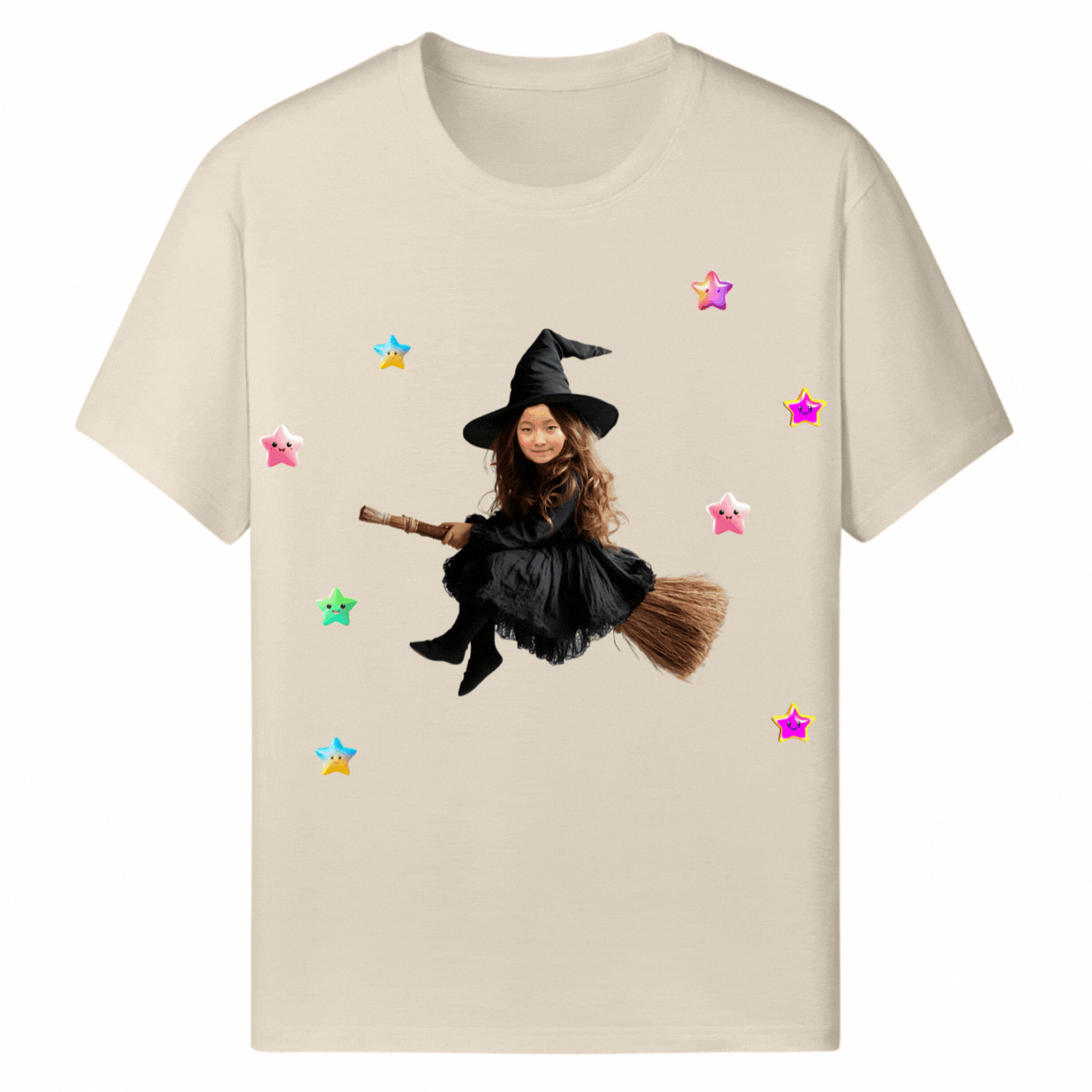 Customized Halloween Beige Tee Cute Witch Besom Flying - Weave West