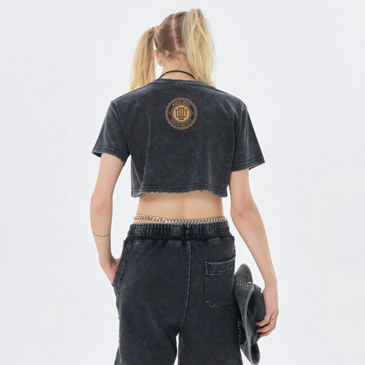 Soft Cotton Loose Snow Wash Crop Top Signature 2 - Weave West
