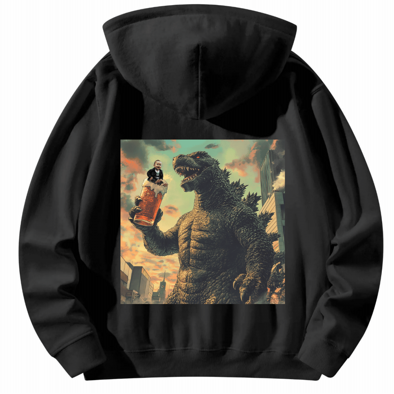 Halloween Customized Black Hoodie with Back Print Godzilla Drinking Beer - Weave West