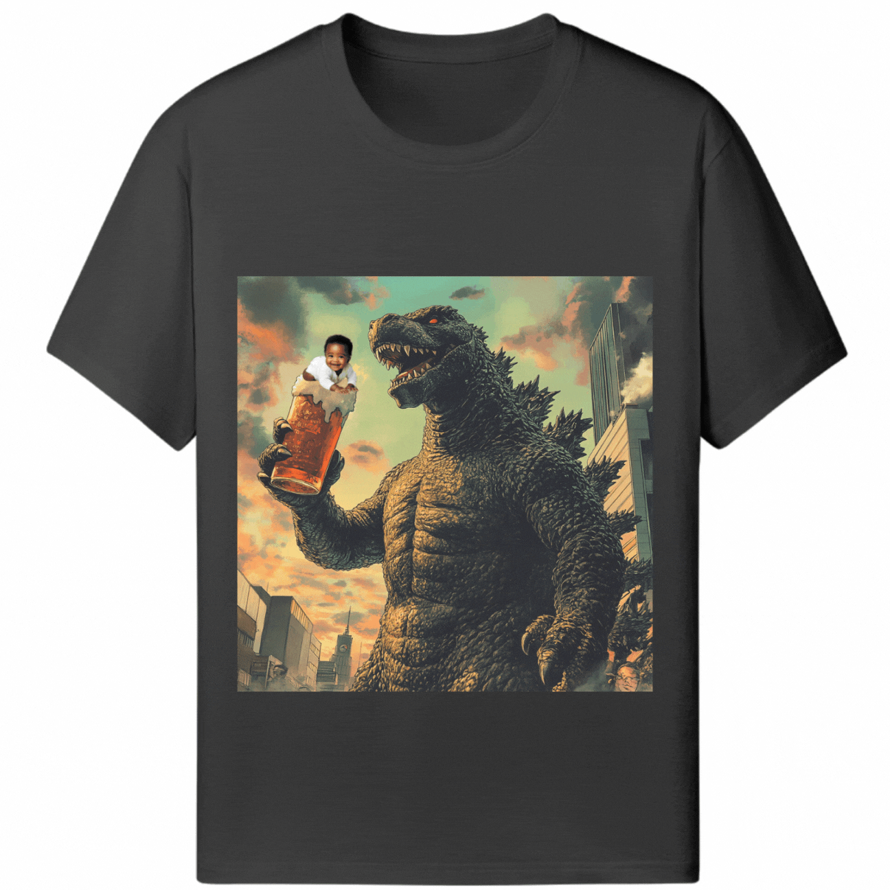 Customized Halloween Black Tee Godzilla Drinking Beer - Weave West