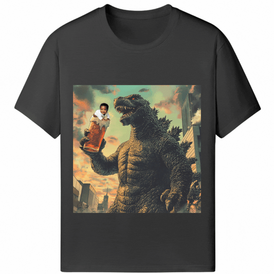 Customized Halloween Black Tee Godzilla Drinking Beer - Weave West