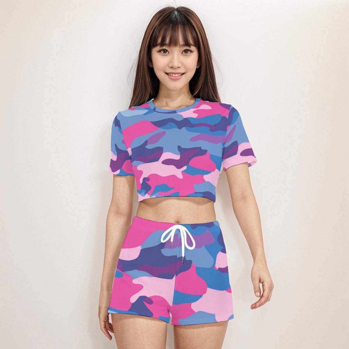 Crop Tee And Shorts Set Camo | Women Comfy Daily Wear - Weave West
