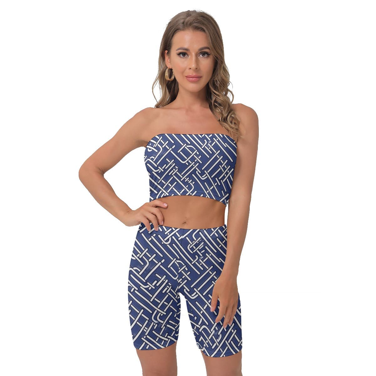 Tube Top And 7 Inch Inseam Shorts Set Deep Sapphire Puzzle | Matching Sets Women Workout - Weave West