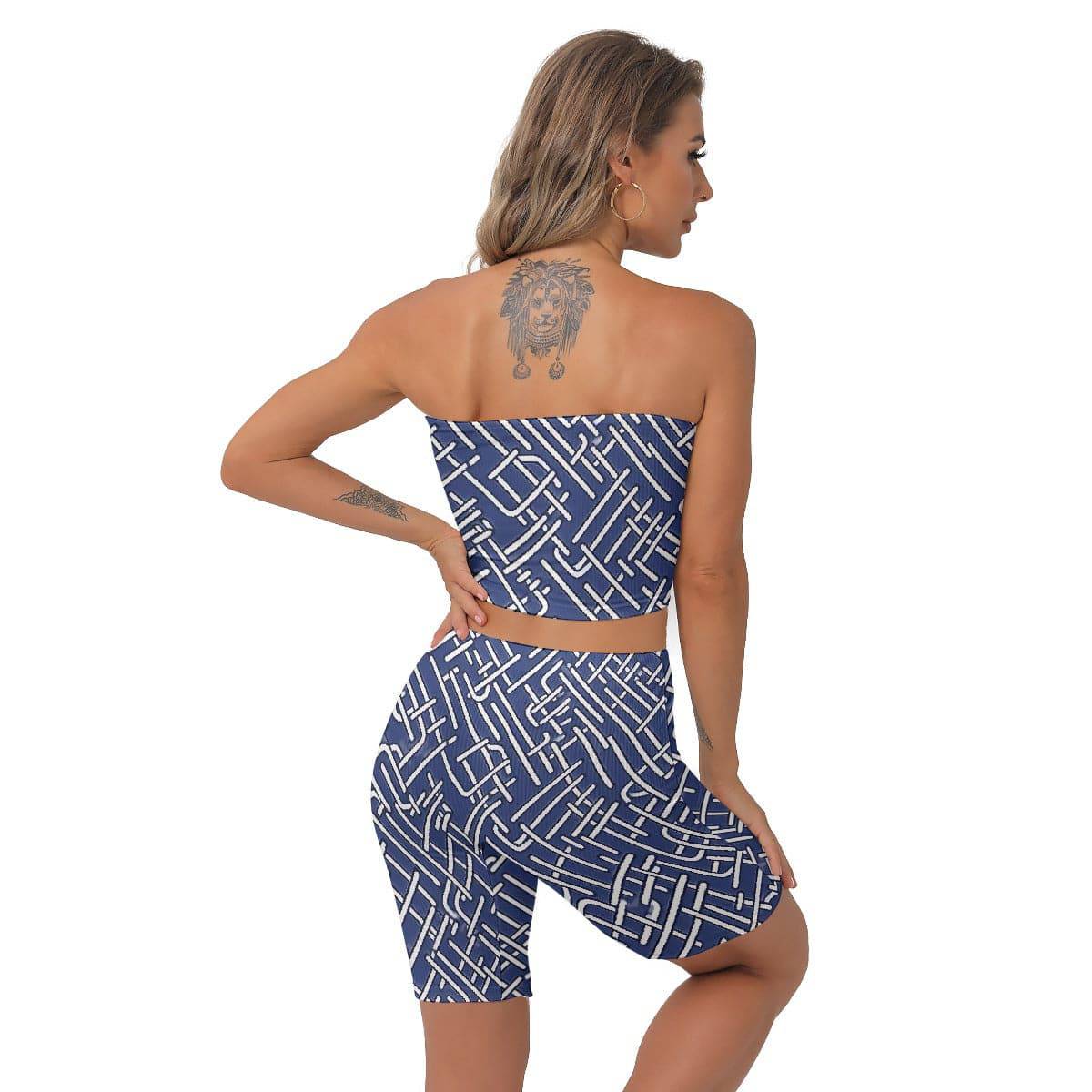 Tube Top And 7 Inch Inseam Shorts Set Deep Sapphire Puzzle | Matching Sets Women Workout - Weave West