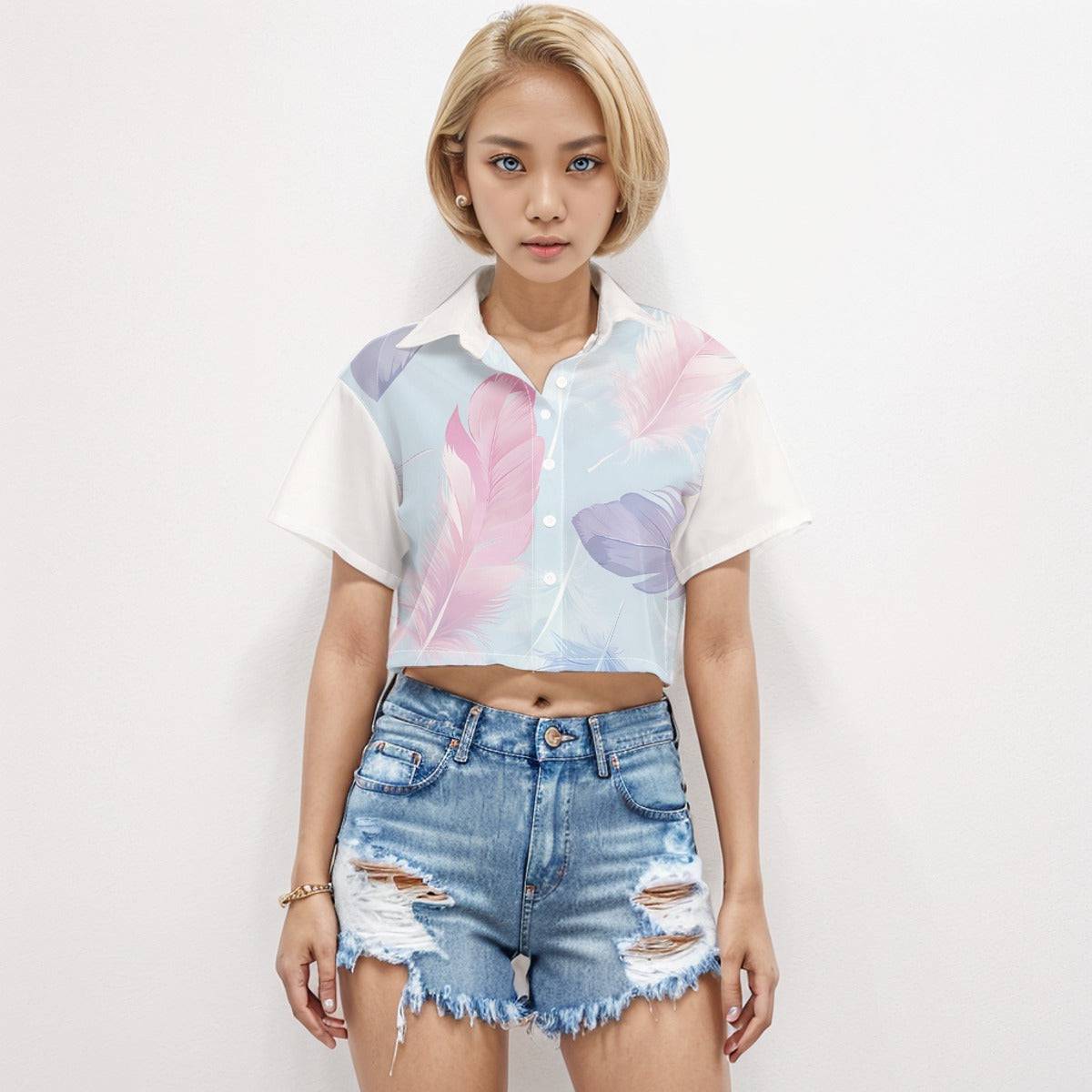 Boxy Short Sleeve Crop Shirt Feather | Boxy Crop Boyfriend Shirt - Weave West