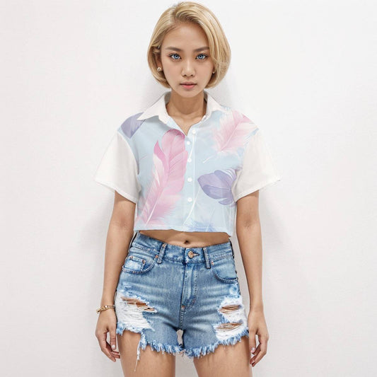 Boxy Short Sleeve Crop Shirt Feather | Boxy Crop Boyfriend Shirt - Weave West