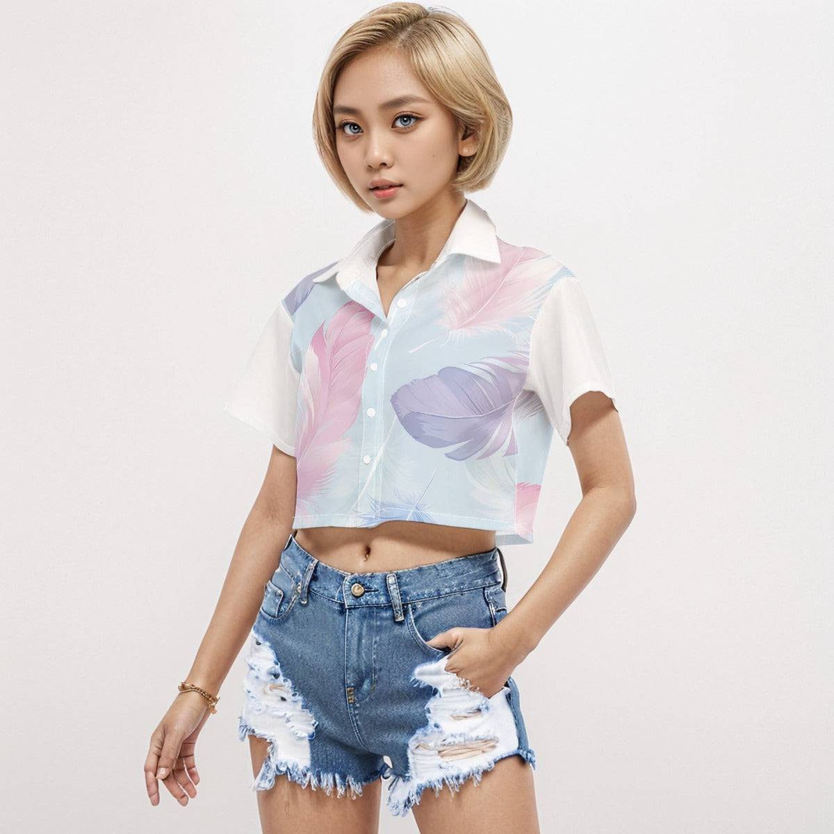 Boxy Short Sleeve Crop Shirt Feather | Boxy Crop Boyfriend Shirt - Weave West