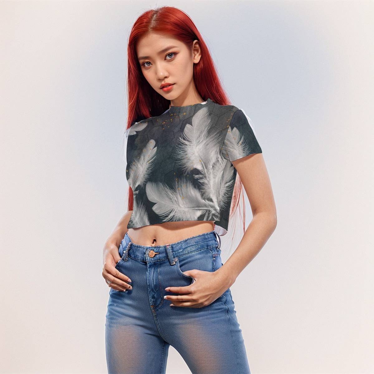 Short Sleeves Mesh Crop Top Feather | Mesh Crop Sheer Blouse - Weave West
