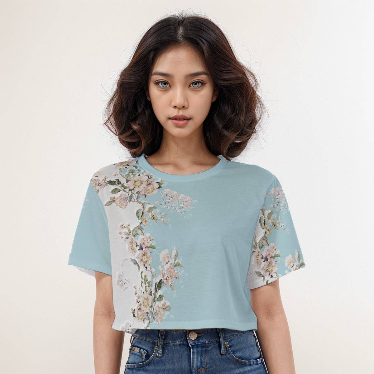 Casual Boxy Crop Tee Floral Lagoon | Boxy Crop Workout Tee - Weave West