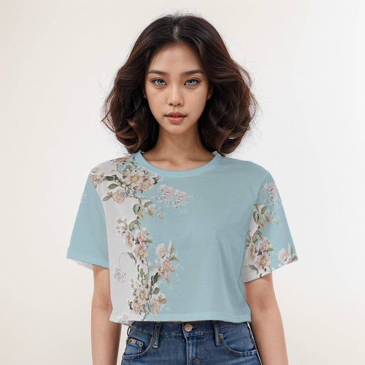 Casual Boxy Crop Tee Floral Lagoon | Boxy Crop Workout Tee - Weave West