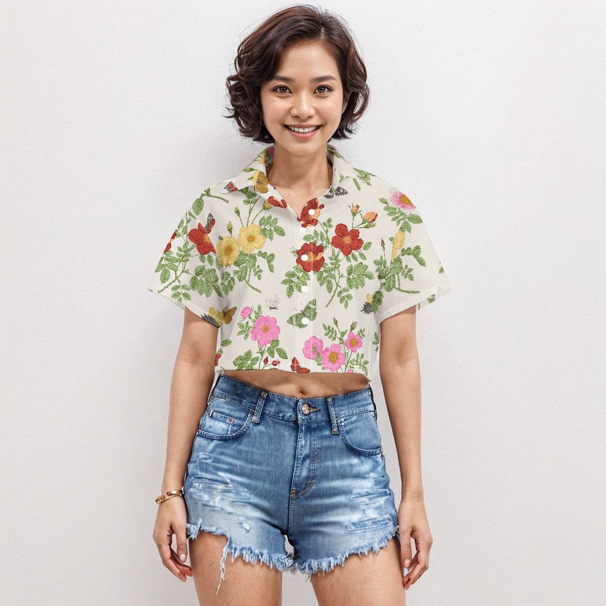 Boxy Short Sleeve Crop Shirt Flower 3 | Boxy Crop Boyfriend Shirt - Weave West