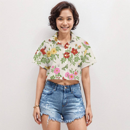 Boxy Short Sleeve Crop Shirt Flower 3 | Boxy Crop Boyfriend Shirt - Weave West