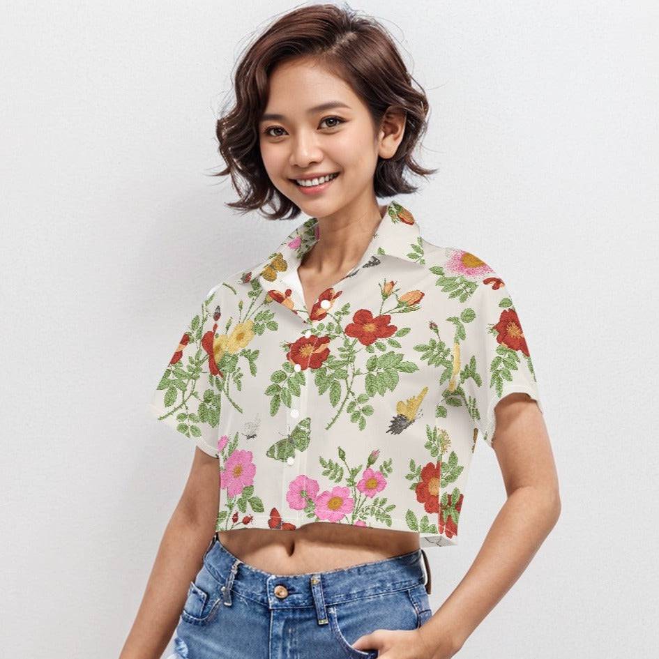 Boxy Short Sleeve Crop Shirt Flower 3 | Boxy Crop Boyfriend Shirt - Weave West