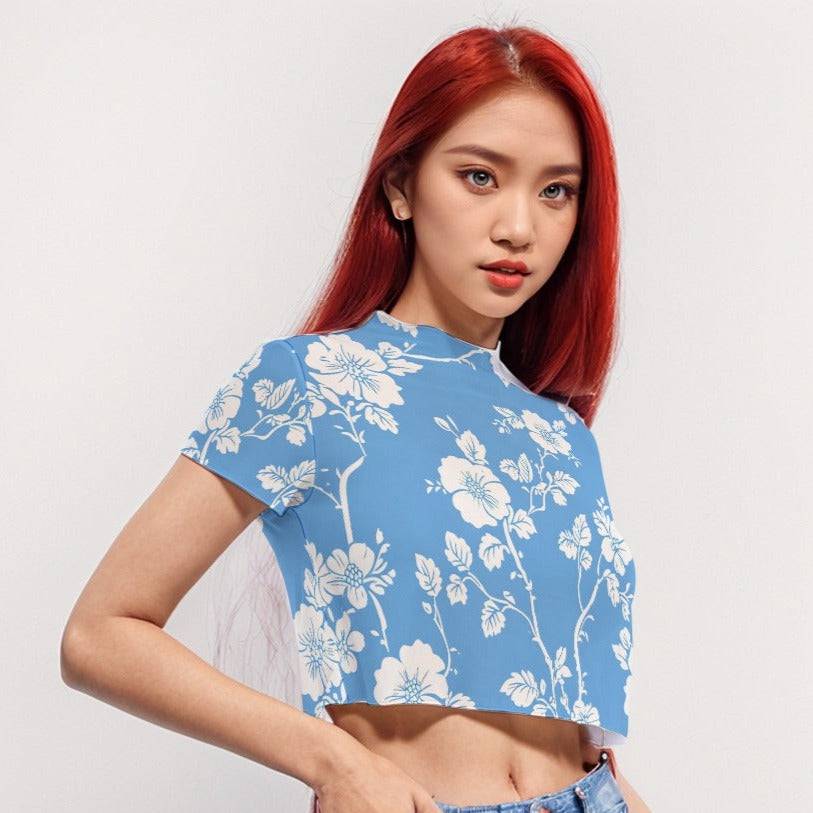 Short Sleeves Mesh Crop Top Flower | Mesh Crop Sheer Blouse - Weave West