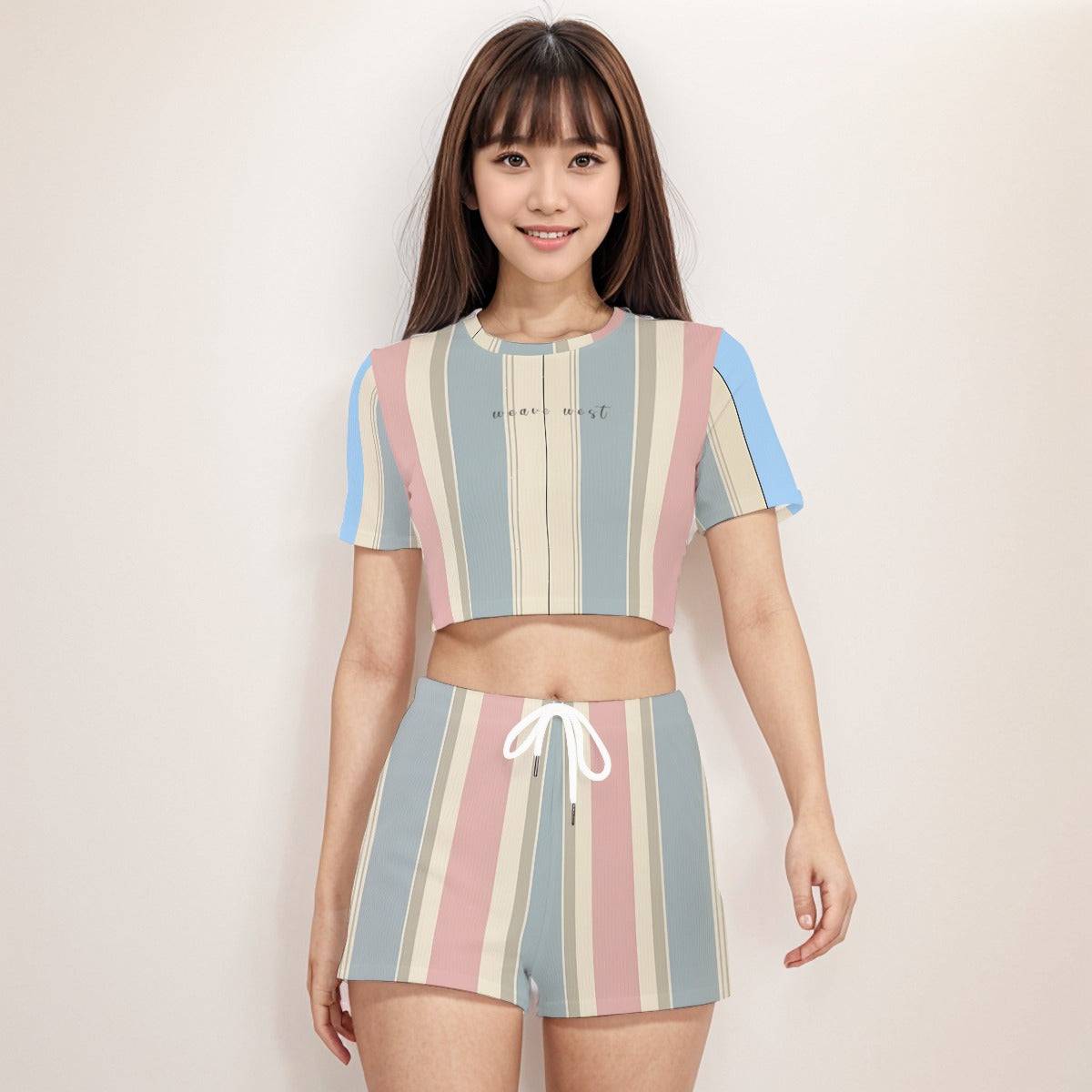 Crop Tee And Shorts Set Horizontal Stripes | Women Comfy Daily Wear - Weave West