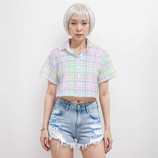 Boxy Short Sleeve Crop Shirt Gingham Pattern 3 | Boxy Crop Boyfriend Shirt - Weave West