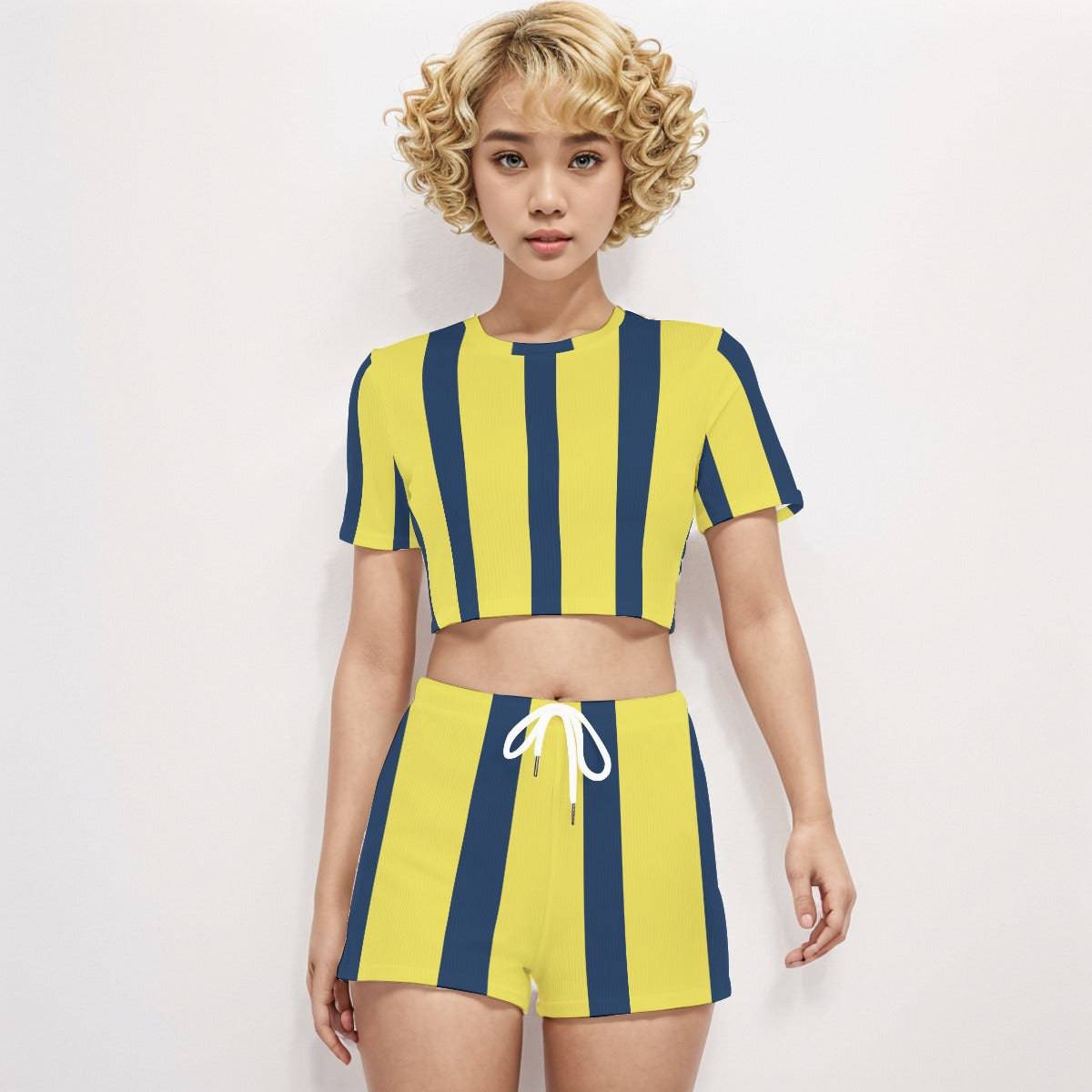 Crop Tee And Shorts Set Saffron Midnight Stripes | Women Comfy Daily Wear - Weave West
